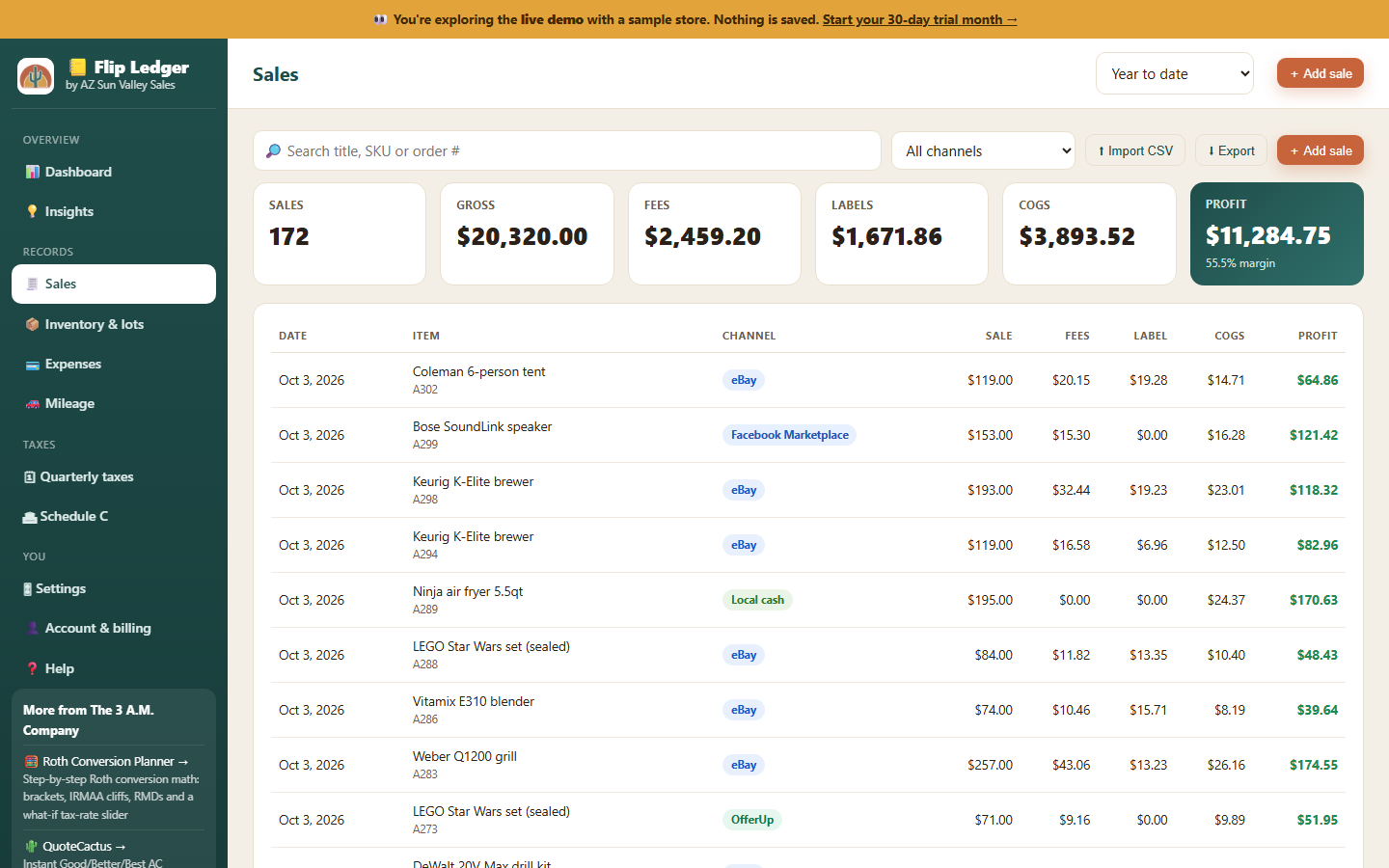 eBay sales import and sales list